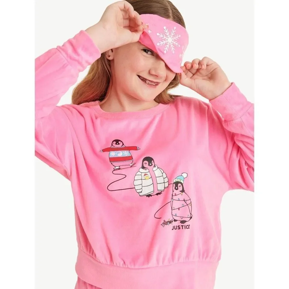 NWT Justice 3 Pcs Pink XL (16-18) Long Sleeve Top, Jogger & Eyemask, Pajama Set
